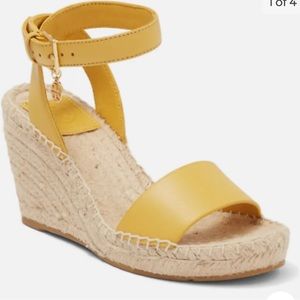 New Tory Burch Laurel 90mm Wedge Espadrille Sandals Leather Yellow